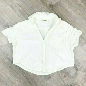 We The Free Crop Top Womens Sz S Button Shirt White Oversized Distressed Fringe